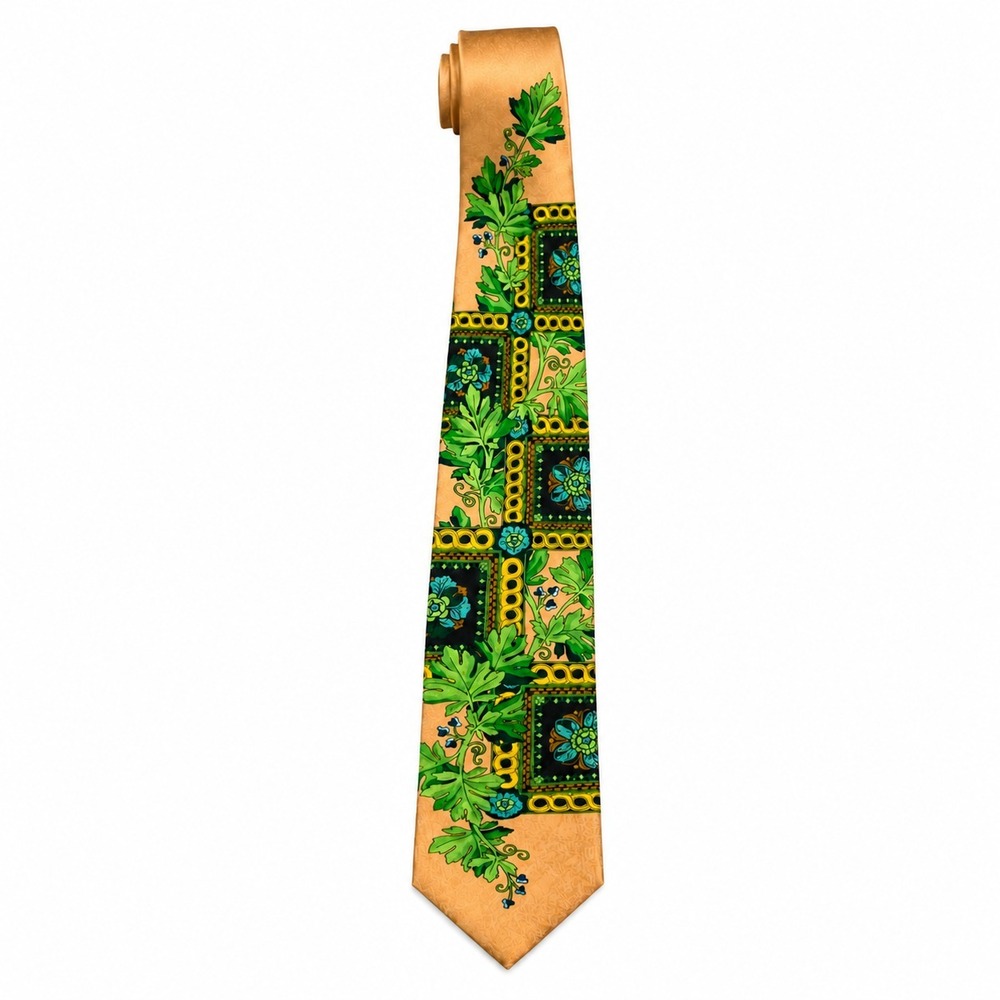 VTG Rush Limbaugh Tie Peach Melon Green Floral Scroll Medallion Silk USA Made